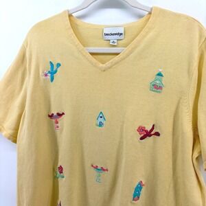 Vtg Women's Yellow Embroidered Bird‎ Floral Short Sleeve Knit XL Grannycore